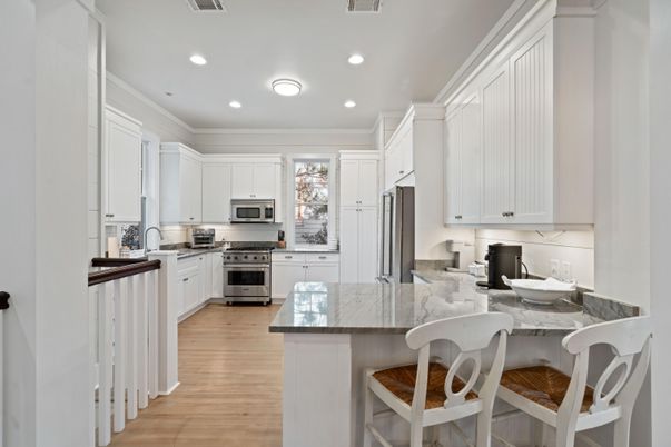 Interior, Kitchen, Recessed Lighting, Stainless Steel Appliances, Wood Texture Flooring