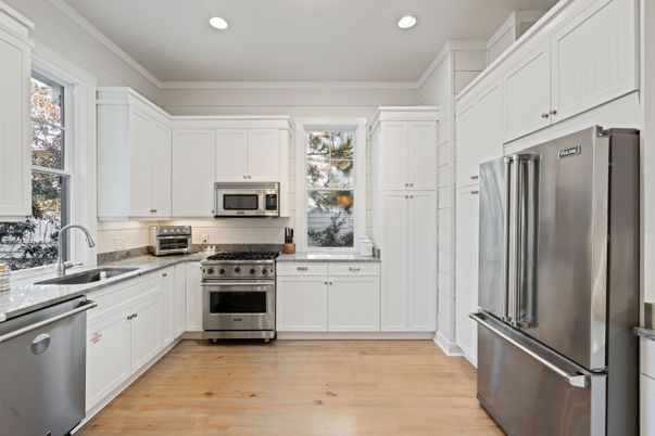 Interior, Kitchen, Recessed Lighting, Stainless Steel Appliances, Wood Texture Flooring