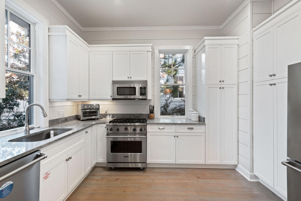 Interior, Kitchen, Recessed Lighting, Stainless Steel Appliances, Wood Texture Flooring