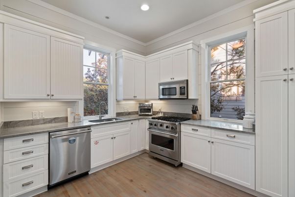 Interior, Kitchen, Recessed Lighting, Stainless Steel Appliances, Wood Texture Flooring