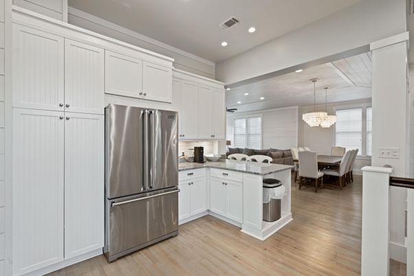 Chandelier, Dining room, Interior, Kitchen, Recessed Lighting, Stainless Steel Appliances, Wood Texture Flooring