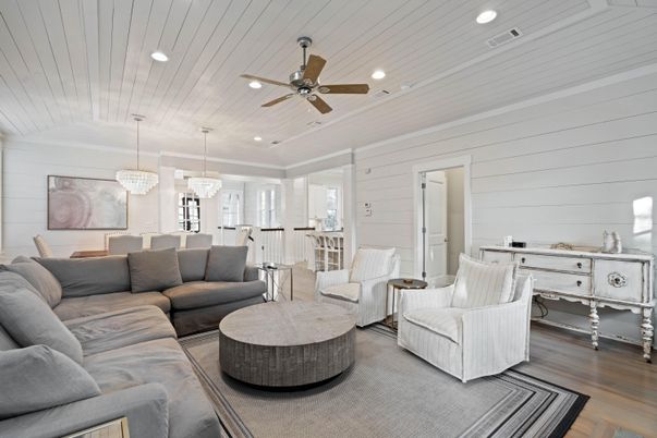 Dining room, Interior, Living room, Pendant Lights, Recessed Lighting, Wood Texture Flooring