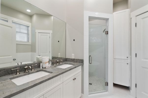 Bathroom, Dual Sink Vanities, Glass Shower, Interior, Recessed Lighting