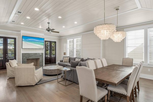 Chandelier, Dining room, Fireplace, Interior, Living room, Recessed Lighting, Wood Texture Flooring