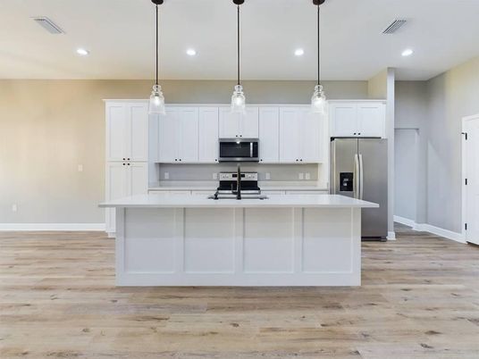 Interior, Kitchen, Pendant Lights, Recessed Lighting, Stainless Steel Appliances, Wood Texture Flooring