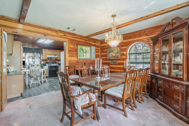 Chandelier, Dining room, Interior, Wooden Walls