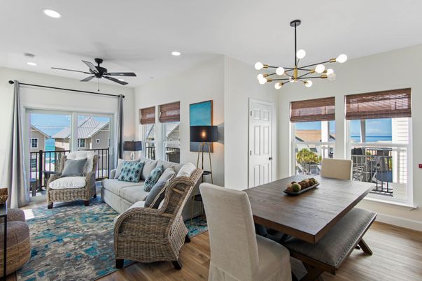 Dining room, Interior, Living room, Pendant Lights, Recessed Lighting, Wood Texture Flooring