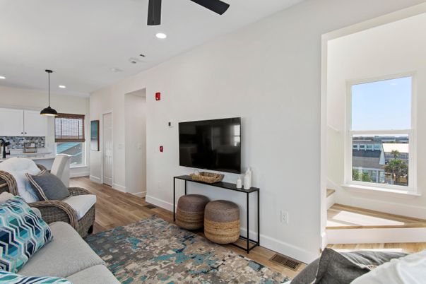 Interior, Living room, Pendant Lights, Recessed Lighting, Wood Texture Flooring