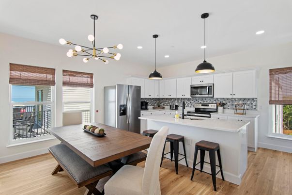 Dining room, Interior, Kitchen, Pendant Lights, Recessed Lighting, Stainless Steel Appliances, Wood Texture Flooring