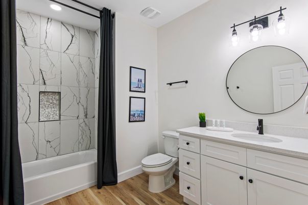 Bathroom, Interior, Marble Walls, Recessed Lighting, Wood Texture Flooring