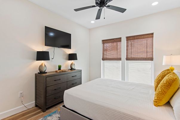 Bedroom, Interior, Recessed Lighting, Wood Texture Flooring