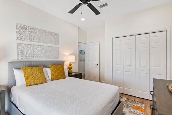 Bedroom, Interior, Recessed Lighting, Wood Texture Flooring