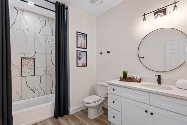 Bathroom, Interior, Marble Walls, Wood Texture Flooring