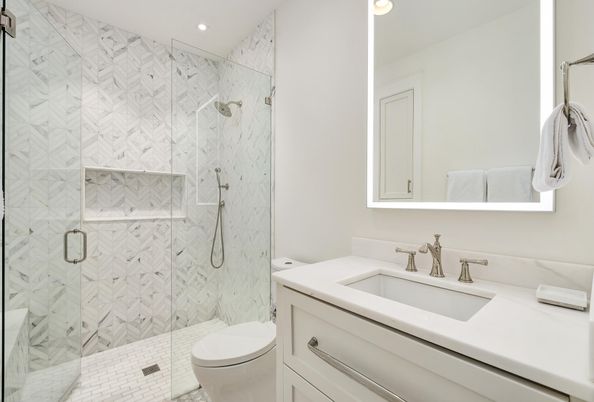 Bathroom, Glass Shower, Interior, Marble Walls, Recessed Lighting