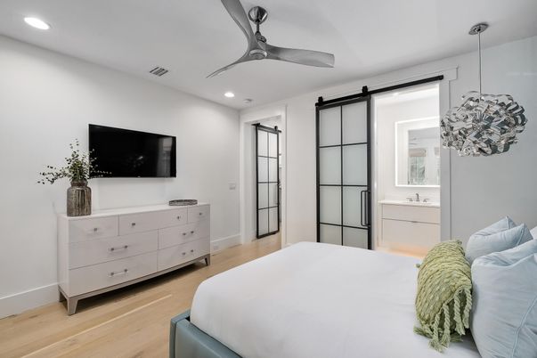 Bedroom, Interior, Pendant Lights, Recessed Lighting, Wood Texture Flooring
