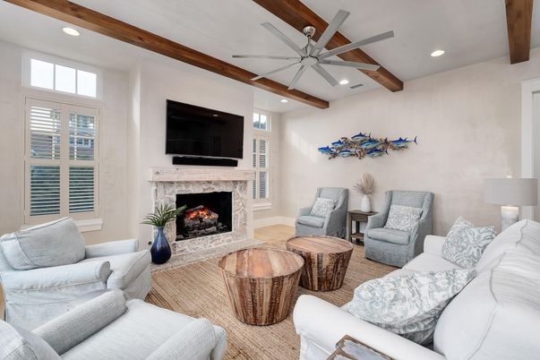Fireplace, Interior, Living room, Recessed Lighting, Wooden Beams