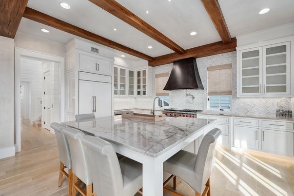 Interior, Kitchen, Recessed Lighting, Stainless Steel Appliances, Wooden Beams, Wood Texture Flooring