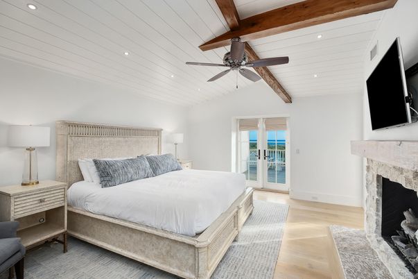 Bedroom, Fireplace, Interior, Recessed Lighting, Wooden Beams, Wood Texture Flooring