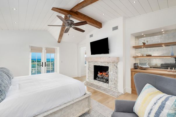 Bedroom, Fireplace, Interior, Recessed Lighting, Wooden Beams, Wood Texture Flooring