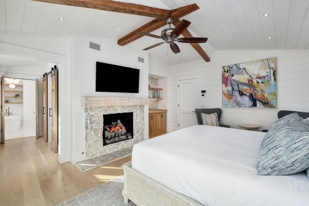 Bedroom, Fireplace, Interior, Recessed Lighting, Wooden Beams, Wood Texture Flooring