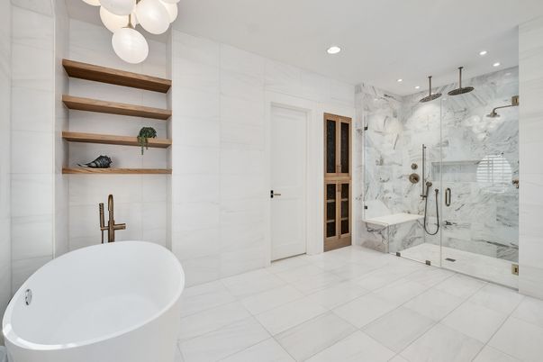 Bathroom, Free Standing Baths, Glass Shower, Interior, Marble Walls, Recessed Lighting