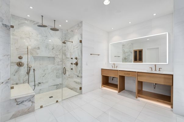 Bathroom, Dual Sink Vanities, Glass Shower, Interior, Marble Walls, Recessed Lighting