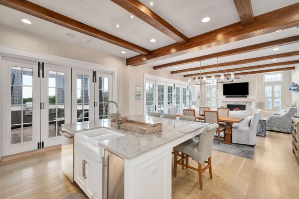 Dining room, Fireplace, Interior, Kitchen, Living room, Pendant Lights, Recessed Lighting, Wooden Beams, Wood Texture Flooring