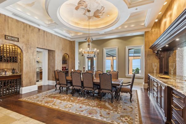 Chandelier, Dining room, Interior, Recessed Lighting, Wood Texture Flooring