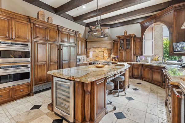 Interior, Kitchen, Pendant Lights, Recessed Lighting, Stainless Steel Appliances, Wooden Beams