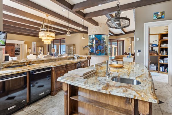Chandelier, Interior, Kitchen, Pendant Lights, Recessed Lighting, Wooden Beams