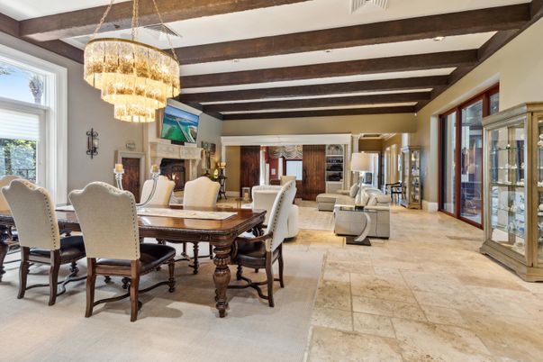 Chandelier, Dining room, Fireplace, Interior, Living room, Wooden Beams