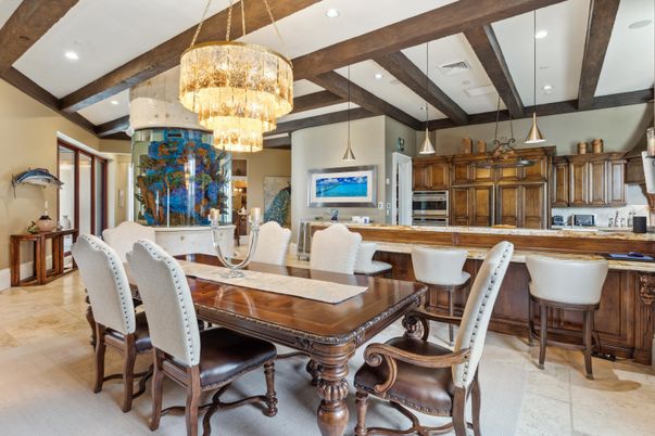 Chandelier, Dining room, Interior, Kitchen, Recessed Lighting, Wooden Beams