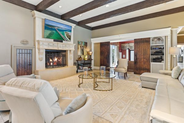 Fireplace, Interior, Living room, Recessed Lighting, Wooden Beams