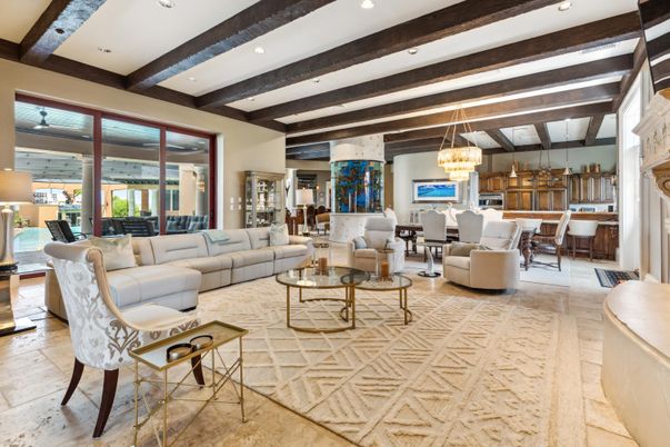 Chandelier, Dining room, Interior, Living room, Pendant Lights, Recessed Lighting, Wooden Beams