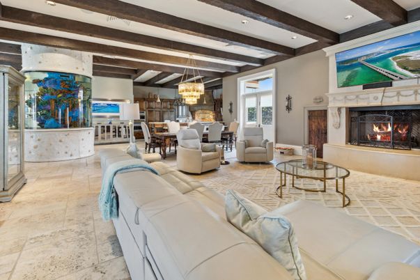 Chandelier, Dining room, Fireplace, Interior, Living room, Recessed Lighting, Wooden Beams