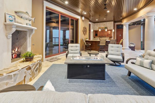 Dining room, Fireplace, Interior, Kitchen, Living room, Pendant Lights, Recessed Lighting, Stainless Steel Appliances, Wooden Ceilings