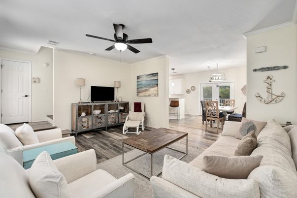 Dining room, Interior, Living room, Pendant Lights, Wood Texture Flooring