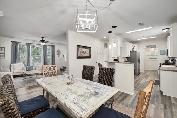 Dining room, Interior, Kitchen, Living room, Pendant Lights, Recessed Lighting, Wood Texture Flooring