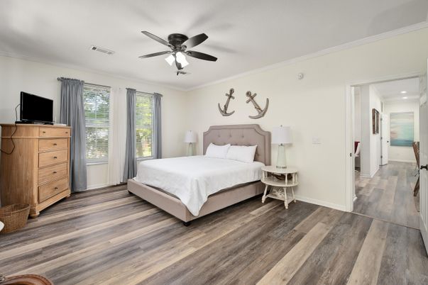 Bedroom, Interior, Recessed Lighting, Wood Texture Flooring