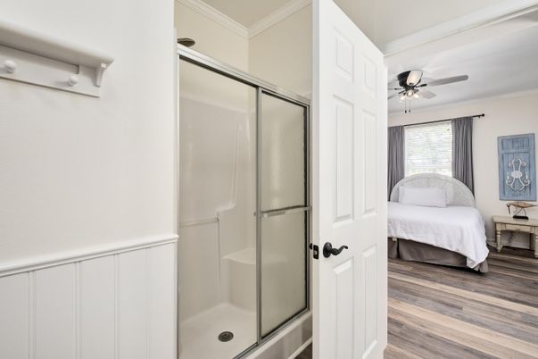 Bathroom, Bedroom, Glass Shower, Interior, Wood Texture Flooring