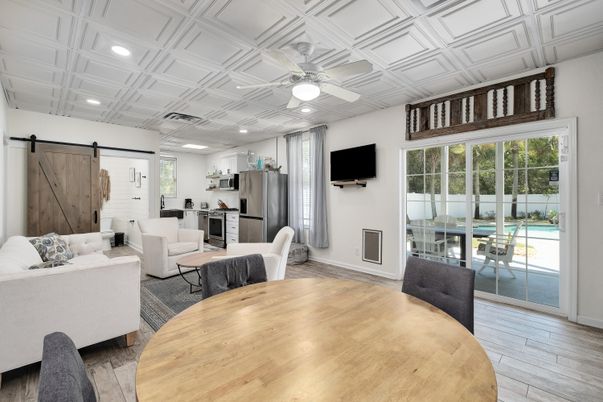 Dining room, Interior, Kitchen, Living room, Recessed Lighting, Stainless Steel Appliances, Wood Texture Flooring