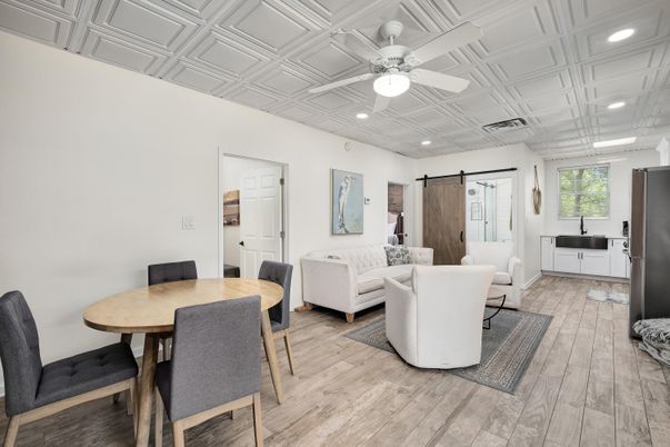 Dining room, Interior, Living room, Recessed Lighting, Wood Texture Flooring