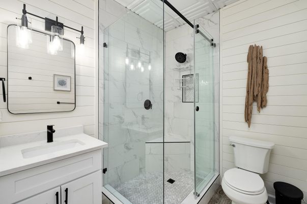 Bathroom, Glass Shower, Interior, Marble Walls