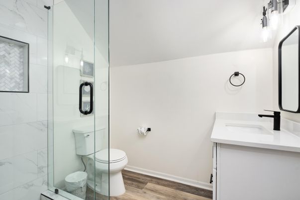 Bathroom, Glass Shower, Interior, Marble Walls, Wood Texture Flooring