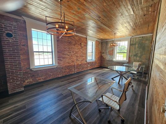 Chandelier, Dining room, Interior, Pendant Lights, Stone Walls, Wooden Ceilings, Wood Texture Flooring