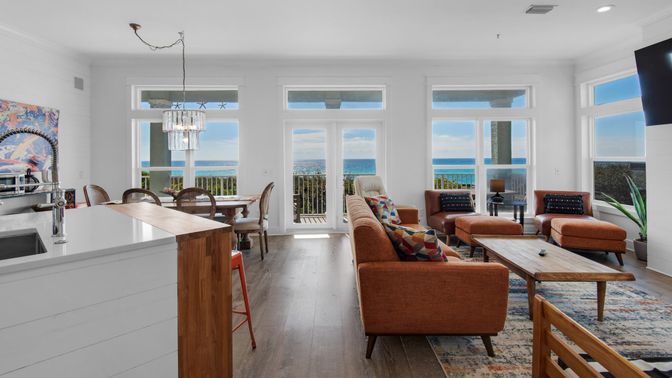 Dining room, Interior, Living room, Pendant Lights, Recessed Lighting, Water, Wood Texture Flooring