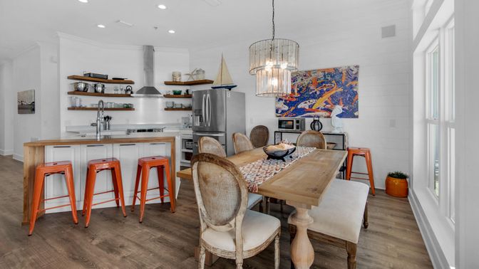 Dining room, Interior, Kitchen, Pendant Lights, Recessed Lighting, Stainless Steel Appliances, Wood Texture Flooring