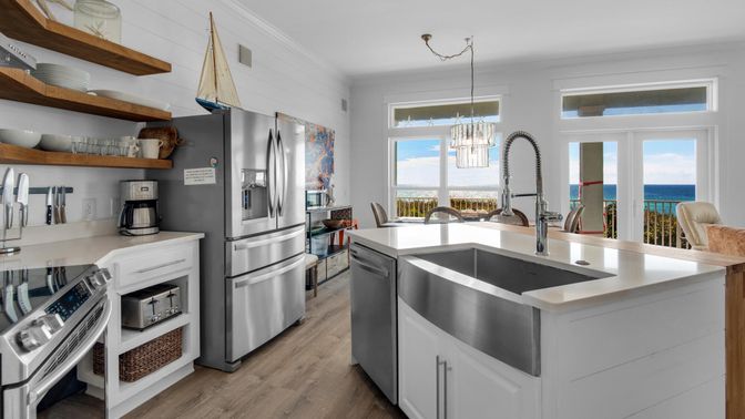 Interior, Kitchen, Pendant Lights, Stainless Steel Appliances, Water, Wood Texture Flooring