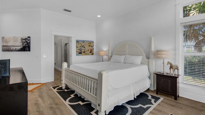 Bedroom, Interior, Recessed Lighting, Wood Texture Flooring