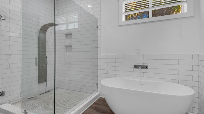 Bathroom, Free Standing Baths, Glass Shower, Interior, Wood Texture Flooring